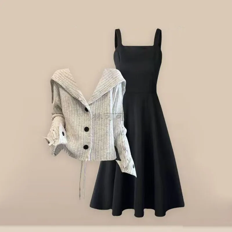 

Navy Collar Sweater Jacket Women's Autumn and Winter New Loose Lazy Top Knitted Cardigan Black Suspender Skirt Two-piece Set