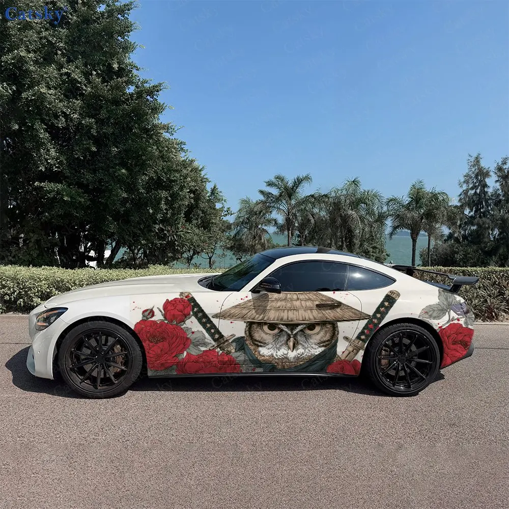 2pcs Wafu Owl Samurai Vibe, Durable, Fade-resistant, Enhance Vehicle Aesthetics With Bold Artistic Design Car Vinyl Wraps