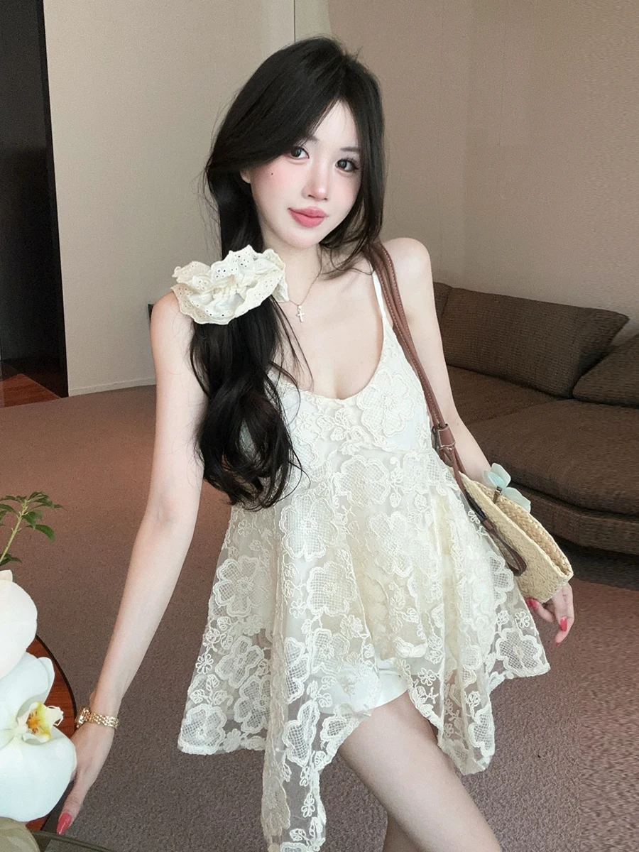 

Нежное ретро-платье с цветочным кружевом и бретельками-халтер, женское, с завышенной талией, асимметричное, универсальное, сексуальное, с V-образным вырезом, без рукавов, летнее, модное