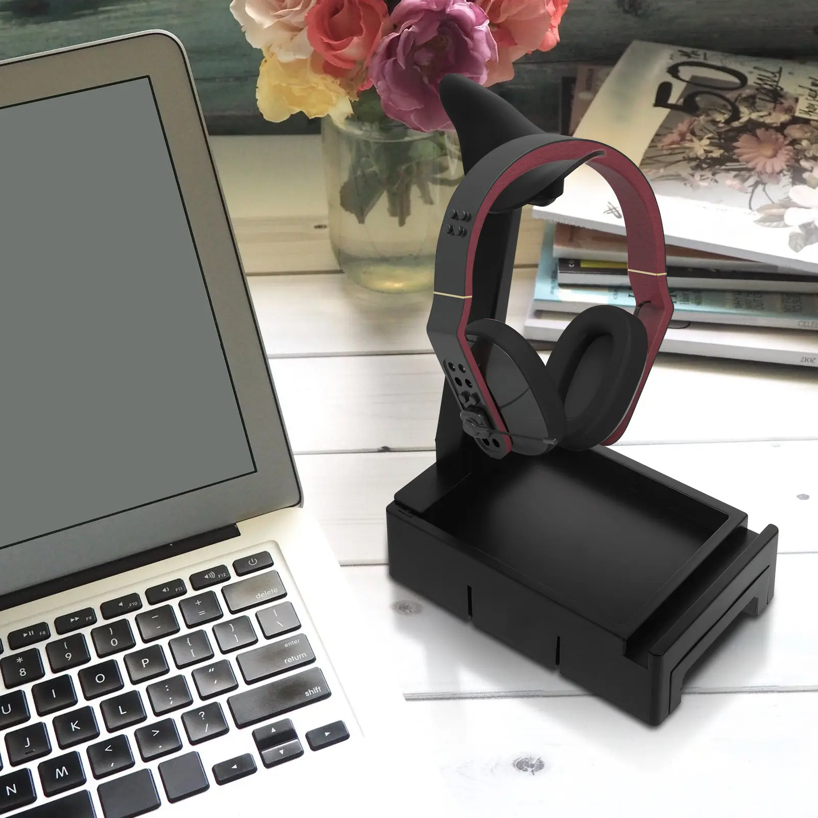 

Premium Over-Ear Headset Storage Rack with Built-in Storage Box for Phones Pens Notebooks Desktop Organizer for Home Office Cafe