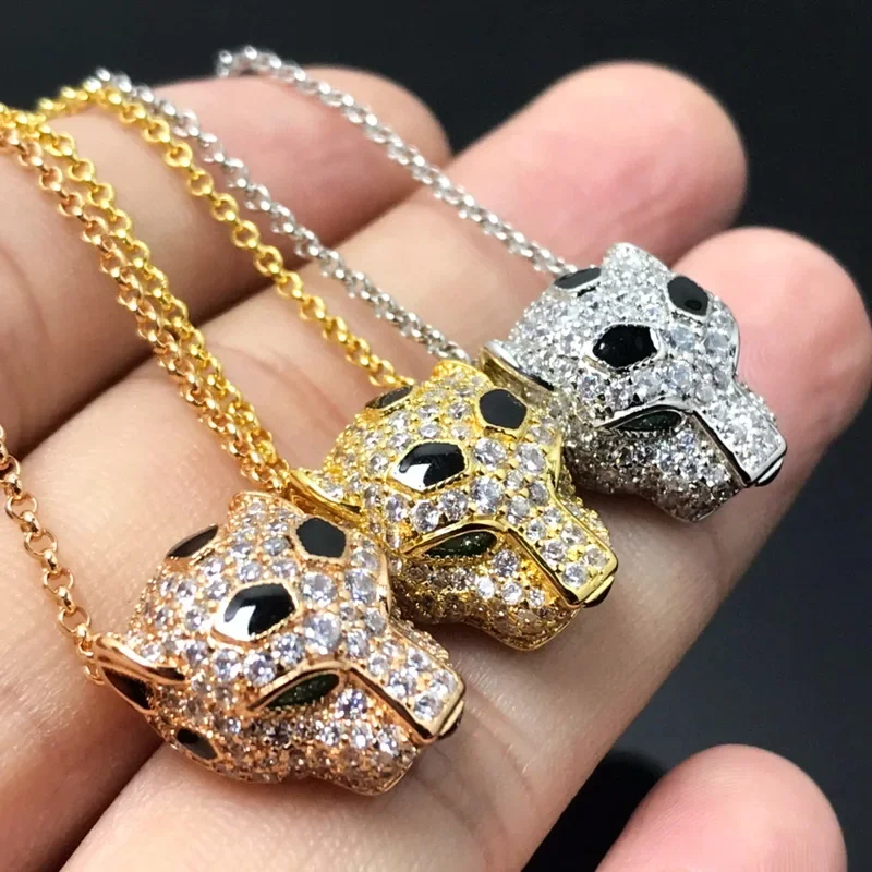 

Designer Collection Style Necklace Women Lady Plated Gold Color Green Eyes Inlay Full Zircon Leopard Head Pendant