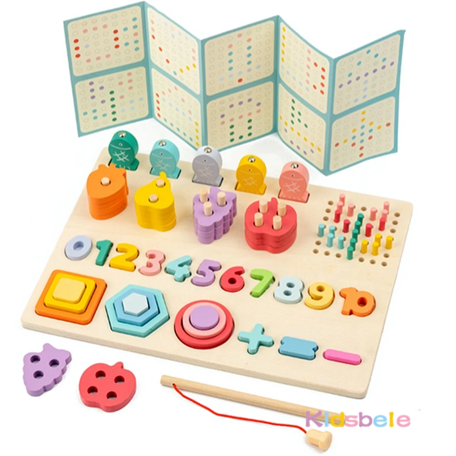 Montessori forma de madeira número correspondência bloco de construção brinquedos 5 em 1 cor fruta cognição brinquedo de pesca habilidade motora fina jogo de tabuleiro