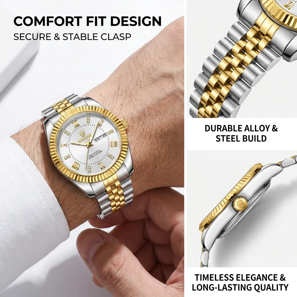 1pc Fashion Two-Tone Strap Watch with Roman Numeral Dial, Date and Day Display, Exquisite, Simple and Elegant, Daily Com