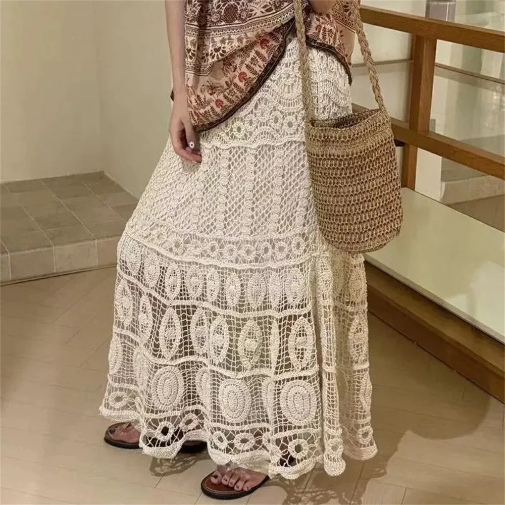 Vintage Bohemian Pure Cotton Embroidered Hollow Out Floral Skirt Women Summer Holiday Full A- Line Skirt Sweet Hook Design Solid