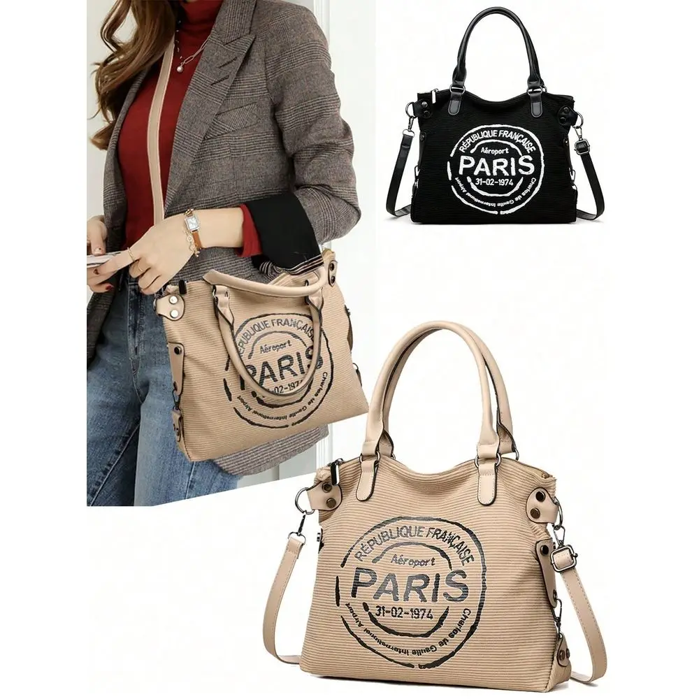

Print Corduroy Tote Bag, Retro Style, Casual Shoulder Crossbody Design With Detachable Strap, Lightweight, Zipper Closure, Poly