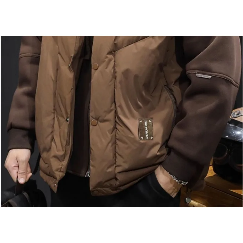 Męska kurtka z kapturem, imitacja dwuczęściowej, ocieplana bawełną, nowa, modna, markowa odzież robocza, bluza z kapturem, patchworkowy płaszcz, duży rozmiar, modny płaszcz.