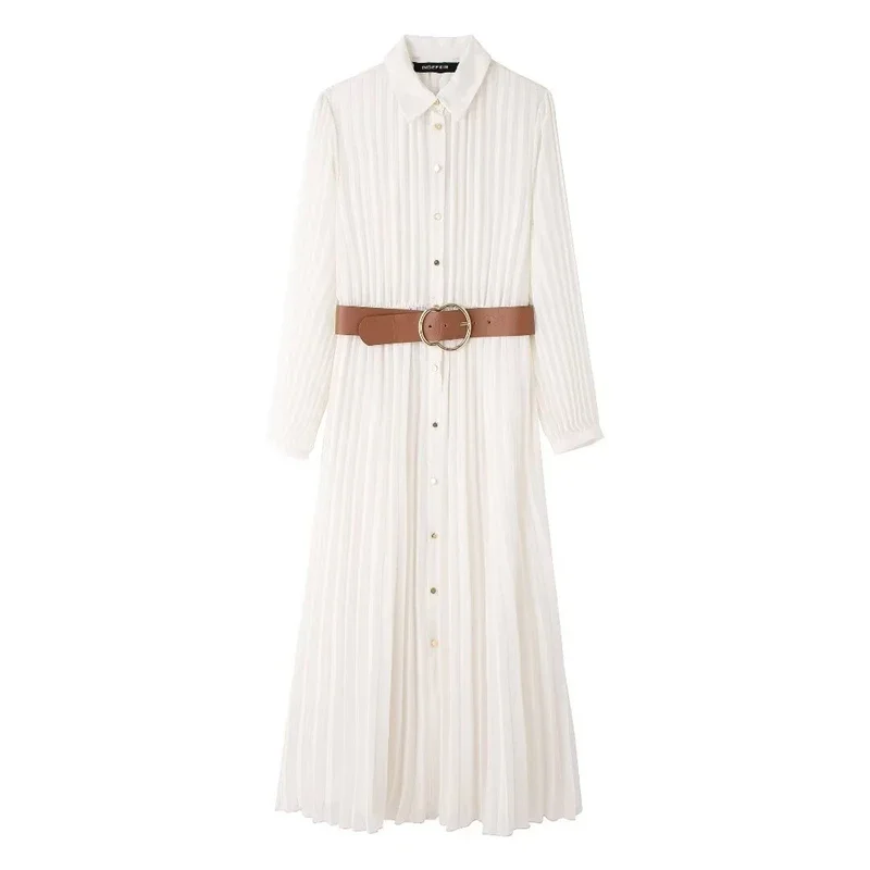 Women's Dress 2024 New Fashion Summer Long Sleeve Pleated Midi Shirt Dresses for Women Casual Chic Ladies Dress