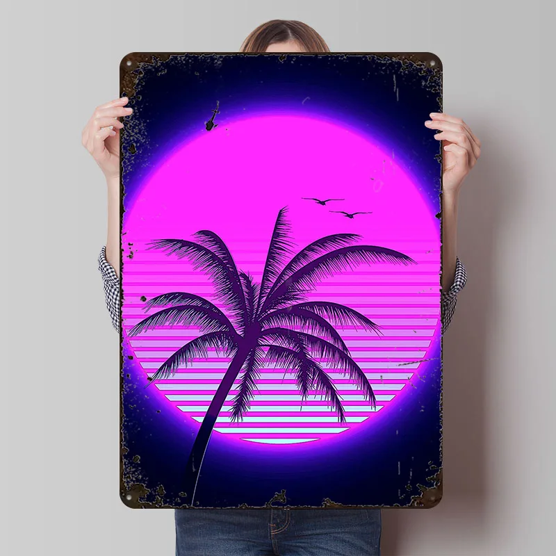 Neon Retro Palmen LED Metallposter – Personalisierte Wandkunst, Vintage Metallschilder für Männerhöhle, Blechschilder für Heimdekoration, Zimmer und Haus