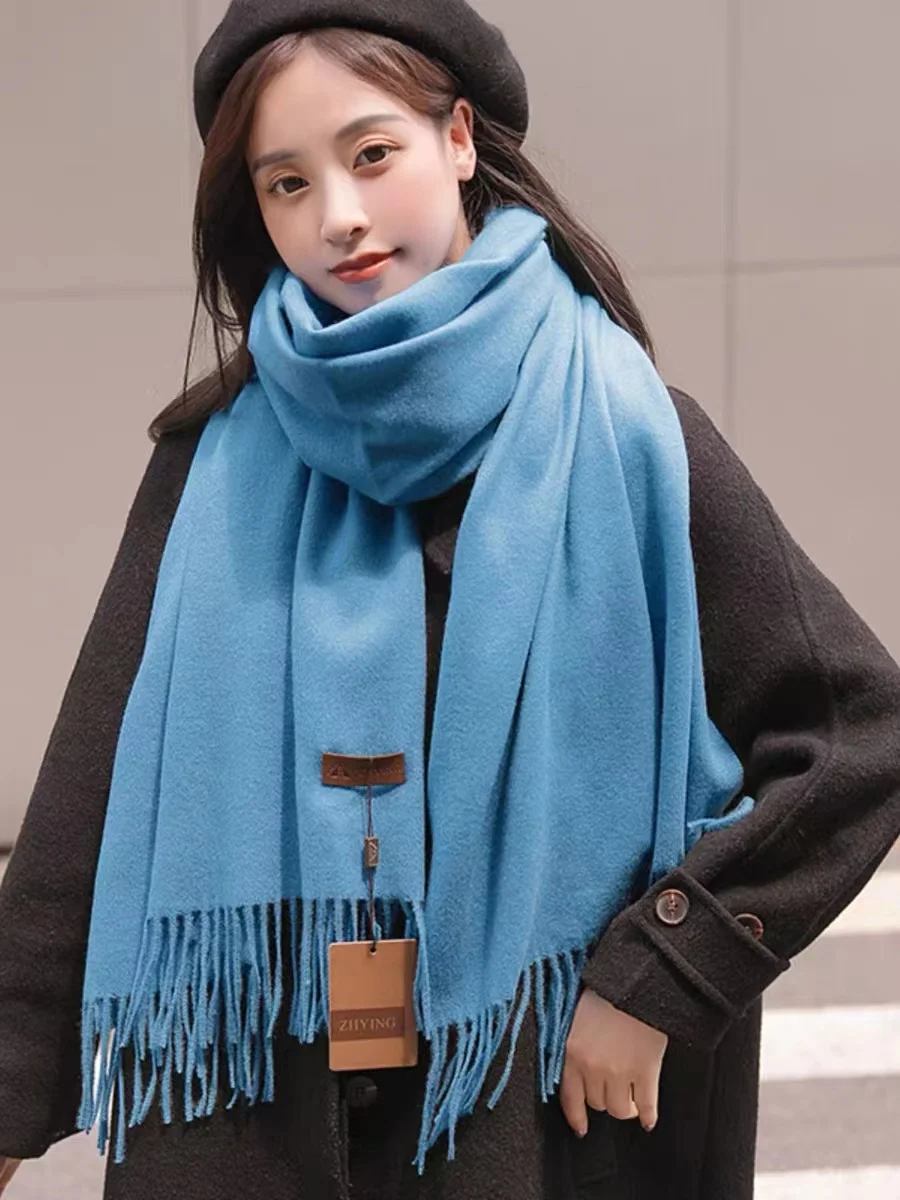 Women's Woolen Scarf Long Thick Warm Tassel Shawl Double-Sided Pure Color Versatile Fall Winter Korean Style Fashion Accessory