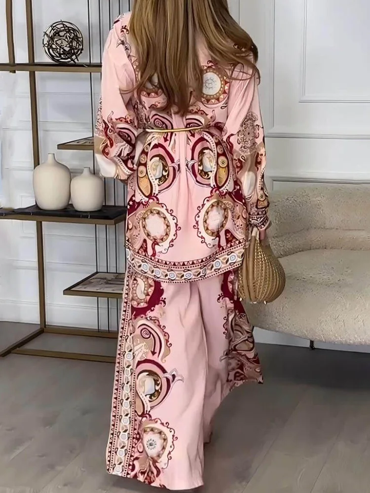 Women Long Sleeve Button Shirt And Wide Leg Pants Suits, Spring Summer Retro Print Turn Down Collar Matching Sets Ladies Outfits