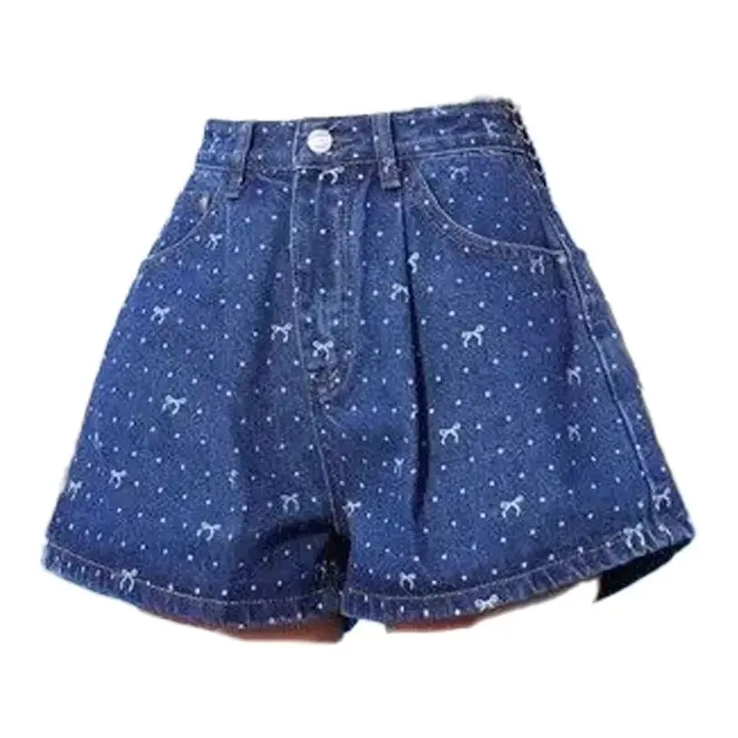 Women's Blue Butterfly Print Casual Denim Shorts Harajuku High Street Aesthetic Retro Wide Leg Jeans Shorts Fashionable Shorts