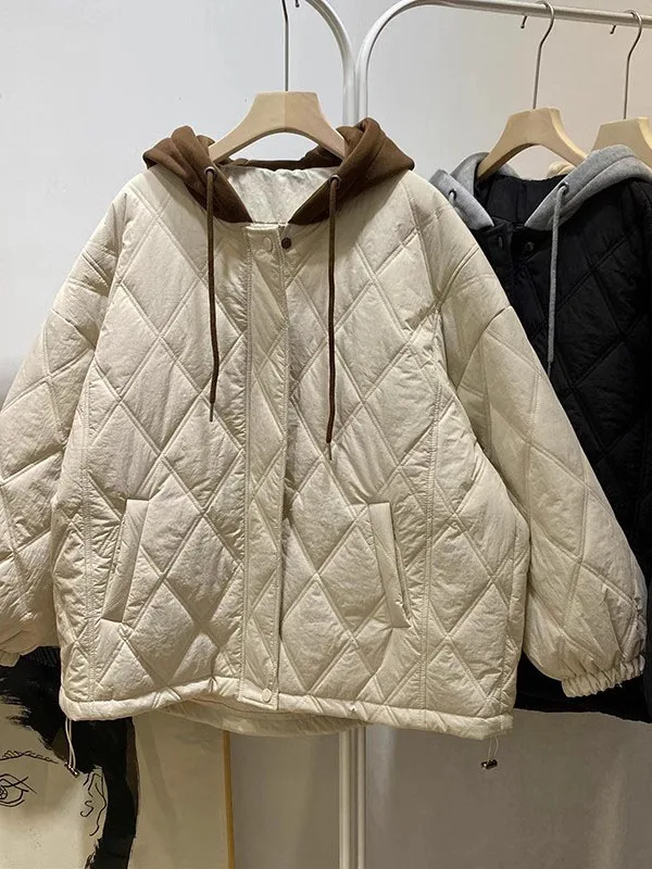 

Slimming Effect Loose Women's Cotton Jaet Hooded Coat Comfortable Winter Outerwear No Tag Lazy Sle Long Sve Button Up