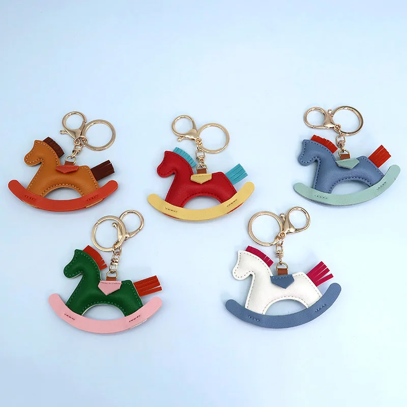 Women Leather Charms Bag Pendant KeyChain Cartoon Pony Rocking Horses Keyring Cute Animal Ornament Accessories Decoration Gift