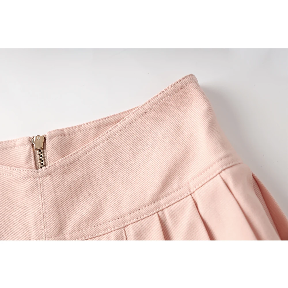Sweet Design Summer Baby Pink Washed Denim Mini Pleated Women Short Skirt All-matched High Quality