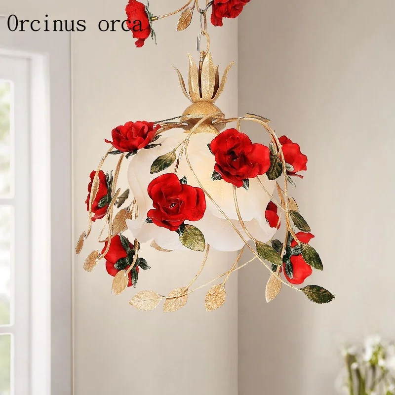 Korean garden lamp garden dining pendant lamp romantic iron art rose  single head chandelier red wedding lamp Postage free