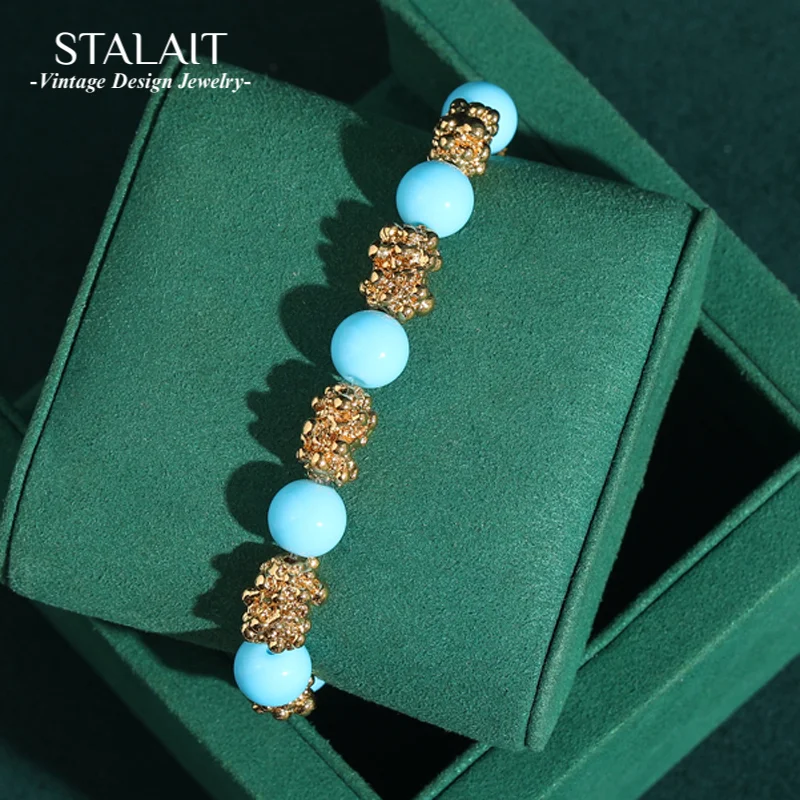 

Vintage Flower Beads Bracelet Blue Stone Glazed Antique Gold Color Elasticity Accessories 2025 Trendy Woman Gift New Arrival