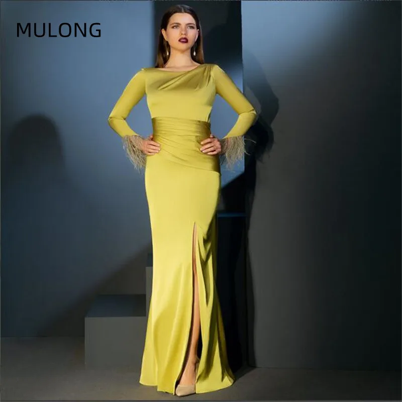 MULONG Elegant Chic Women Dresses Promotion O Neck Mother Of The Bride Dresses Long Sexy Split Evening Dress With Feathers