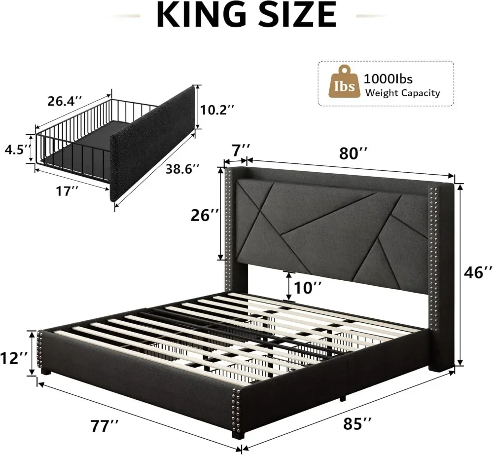 Rei Armazenamento Bed Frame com 4 gavetas, estofados Cama Quadro, Minimalista Wingback Cabeceira e Estação de Carregamento, ZL