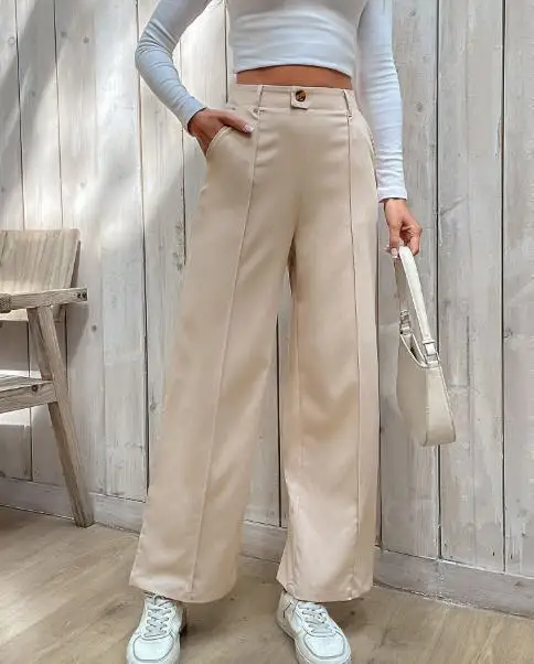 Jesienne spodnie damskie w jednolitym kolorze z wysokim stanem, wyszczuplające, proste nogawki, eleganckie spodnie do kostki w jednolitym kolorze, proste nogawki.