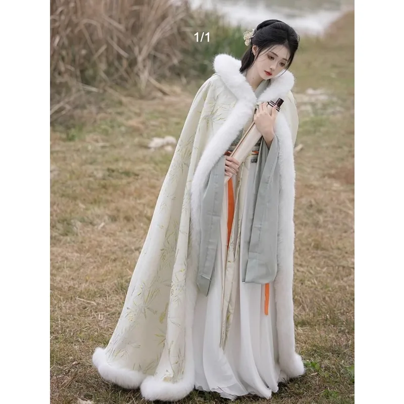 الشتاء Hanfu كيب طويل الشتاء شال القديمة زي معطف سميكة الرأس مع قبعة ملابس خارجية جديدة معطف خارجي فردي عصري