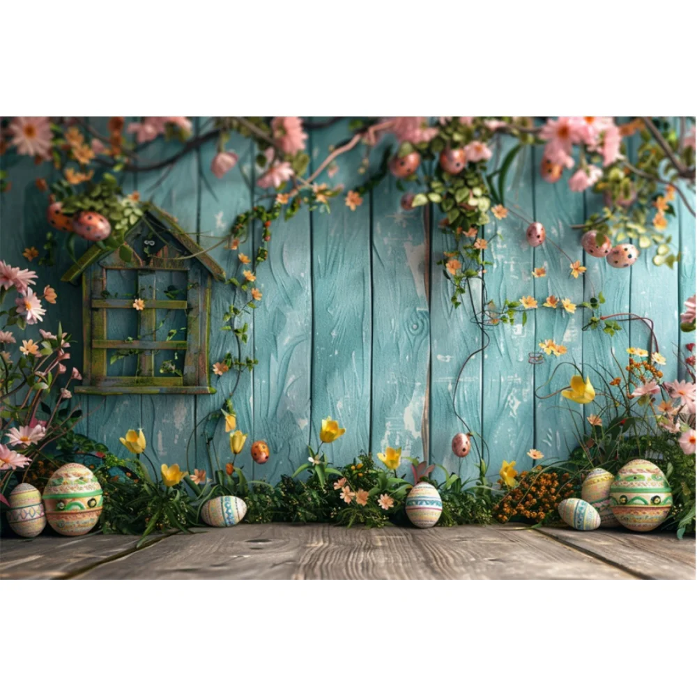 Wooden Wall Background for Easter Photography Eggs Flowers Bunny Newborn Baby Shower Prop Kids Party Photo Booth Backdrops