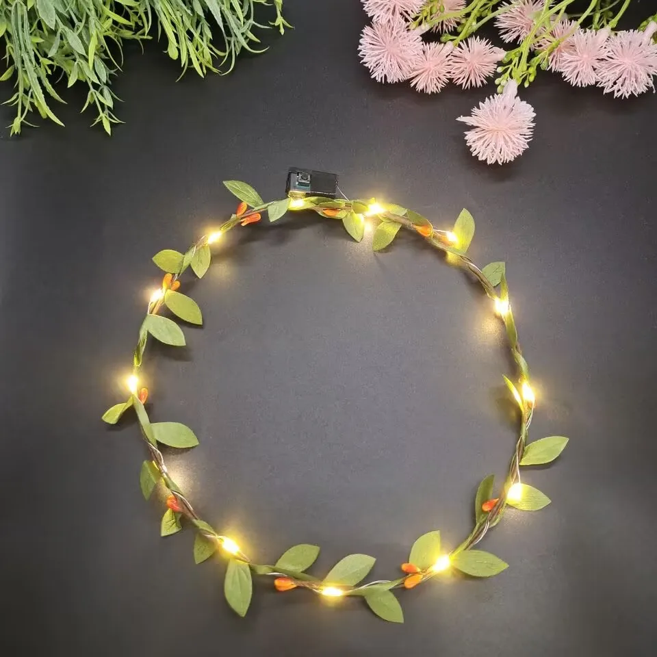 12pcs Light Up Hair Vine Headband Handmade Wreath Bohemian Leaf Crown Green