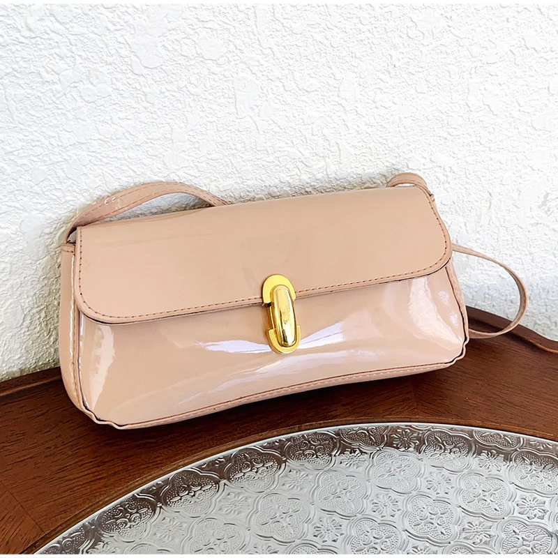 Glänzende PU-Schultertasche mit Schnalle, Damen-Unterarmtasche in Unifarbe, Elegante Vintage-Handtasche im französischen Stil für den Alltag und die Arbeit – Detail 16