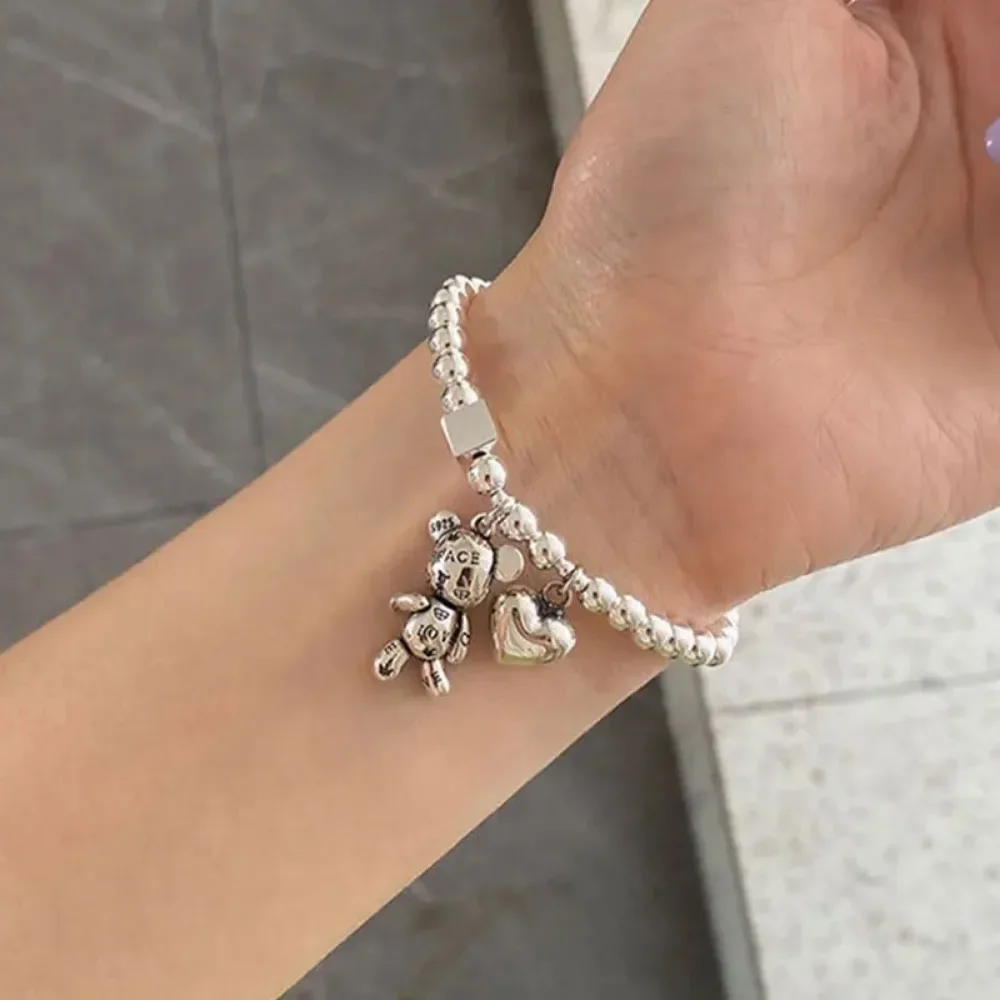 Moonbiffy Silver Color Bracelets for Women Trendy Elegant Vintage Simple String of Beads Design Letter Bear Party Jewelry