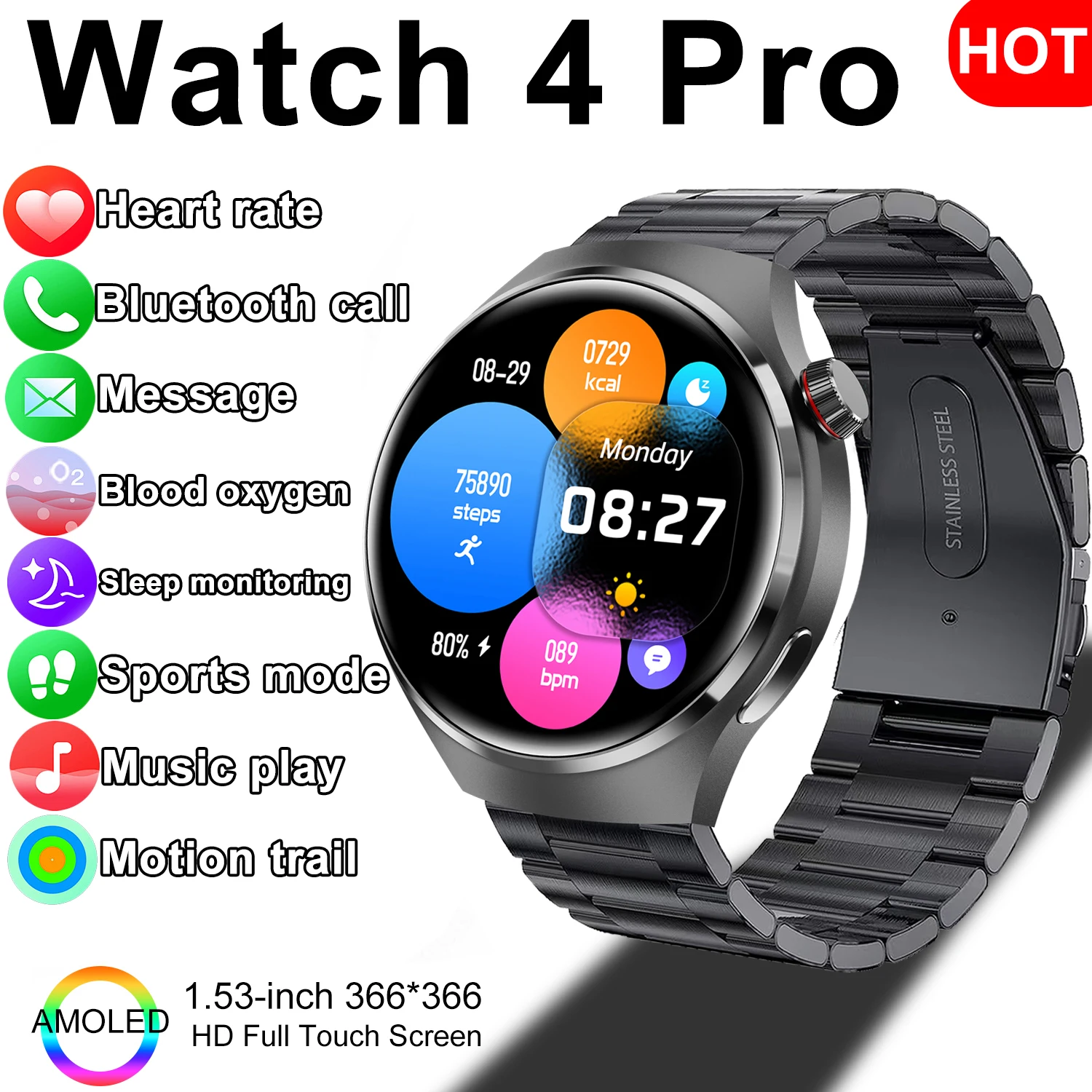 New Watch 4 PRO Smart Watch 366*366 HD Screen Bluetooth Call Heart rate NFC GPS Track SmartWatch Men's Women For Huawei Watch