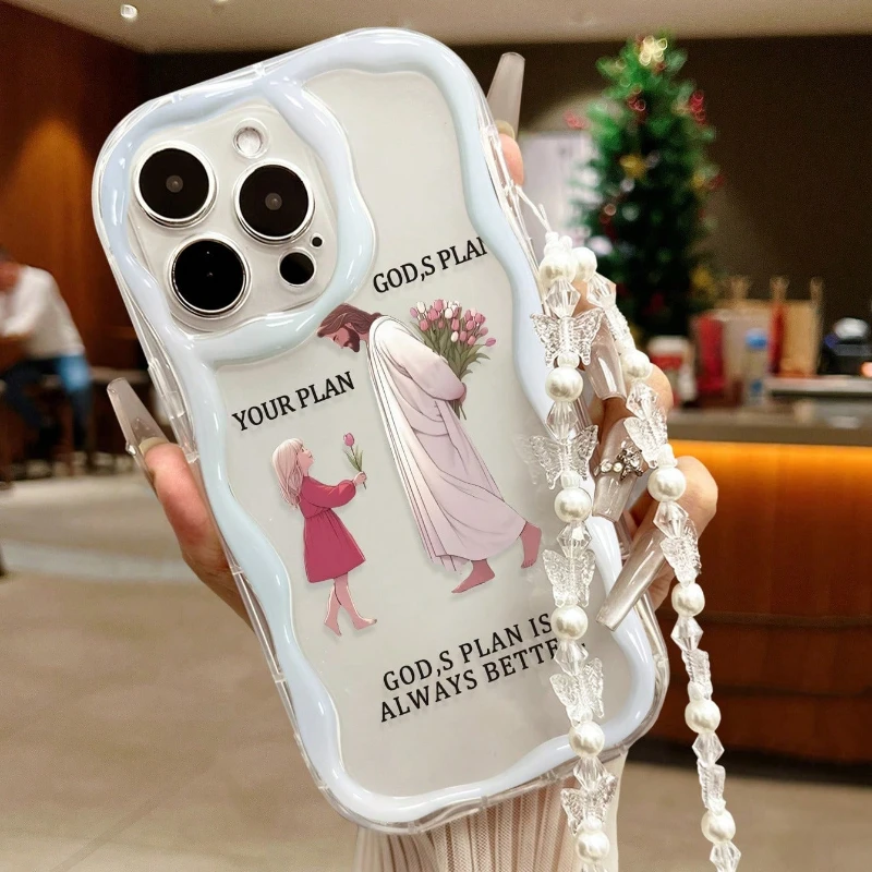 Girl God Pattern Clear Wavy-edge Phone Case For iPhone 17 Pro 16 15 14 Plus 13 12 11 Pro Max 16E 17E With Bead String Soft Cover view 2