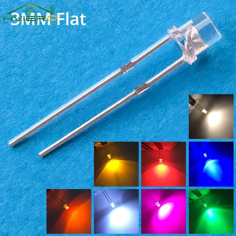 100Pcs F3 3mm 2pins Flat White Red Yellow Blue Green Pink Diode Led Wide Angle Light Emitting Diodes Lamp Ultra Bright LED Bulbs