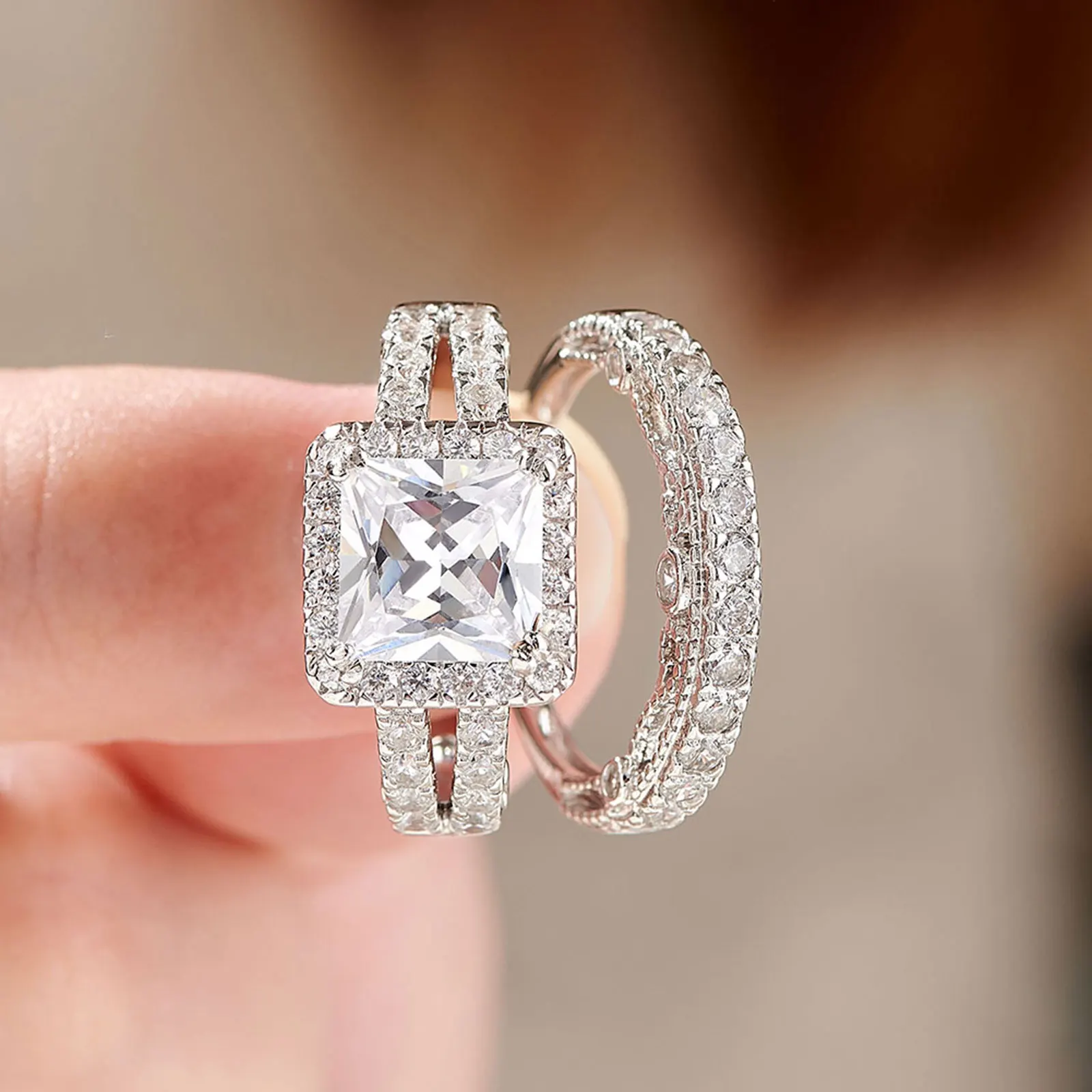 Newshe-anillos de boda Vintage para mujer, de Plata de Ley 925 sólida, corte de princesa 5A, circonita cúbica, conjunto de novia de 2 piezas,