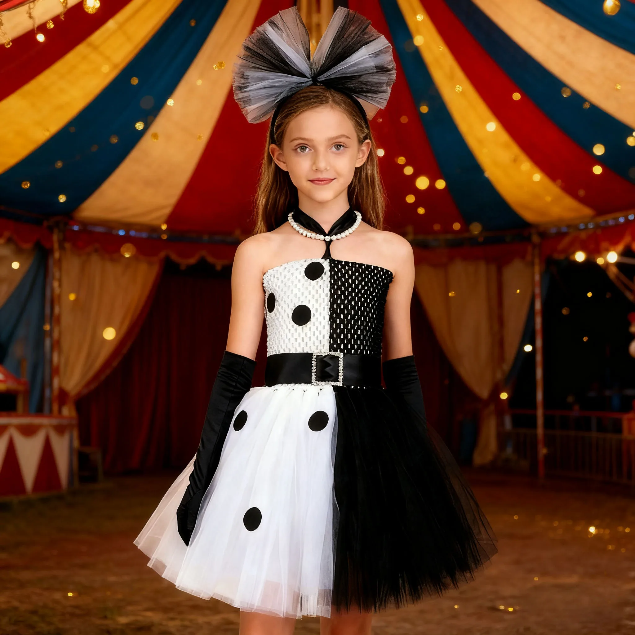

Halloween Costume Kids Black White Dalmatians Party Dress Clown Birthday Prom Dress Up Puffy Dress For Girls Clothes With Belt