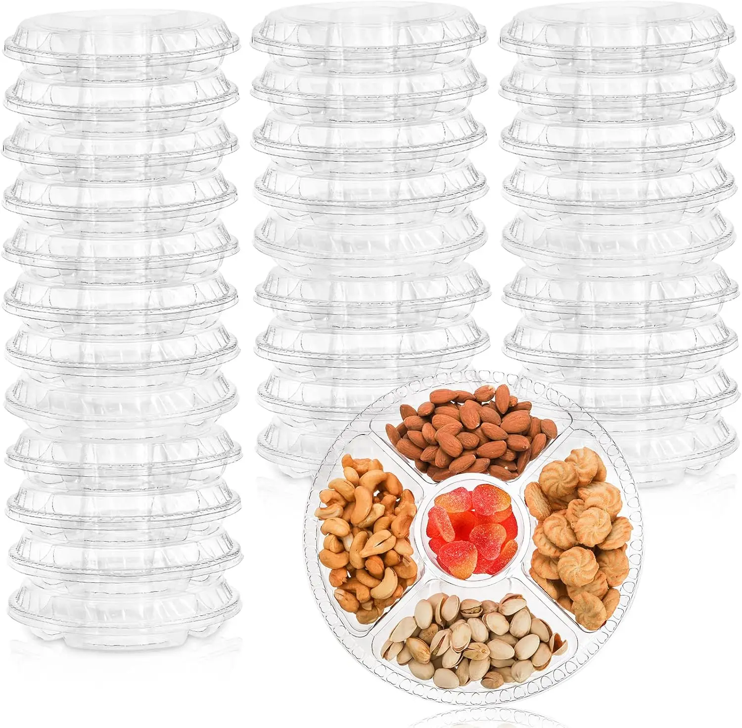

30 Pack Disposable 5-Compartment Plastic Appetizer Trays with Lids, Clear Round Food Containers for Snacks and Parties