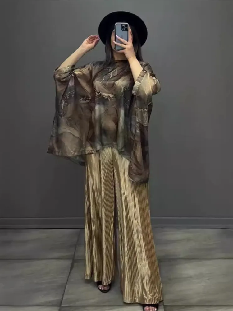 

Women Retro Marble Print Loose Outfit Spring Autumn Casual O Neck Long Sleeve Blouse Shirt & Pleated Pants 2pcs Female Suits Set