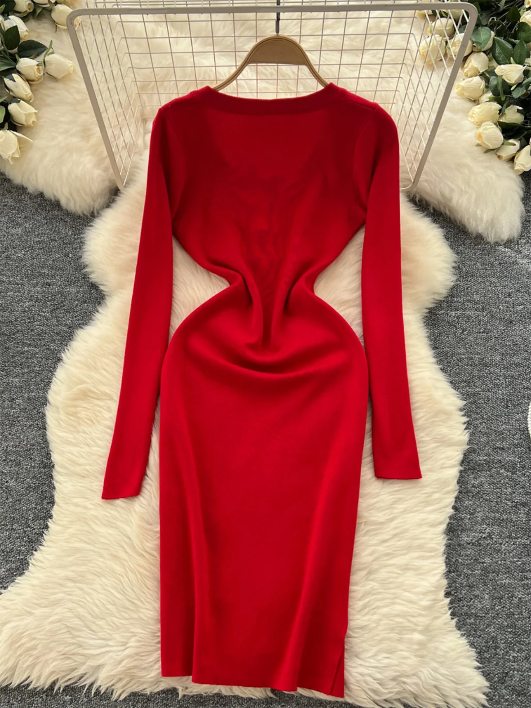 Croysier Abito maglione Donna Manica lunga Scollo a V Abito in maglia solida Spacco laterale Abiti aderenti da festa sexy Abiti invernali donna 2024