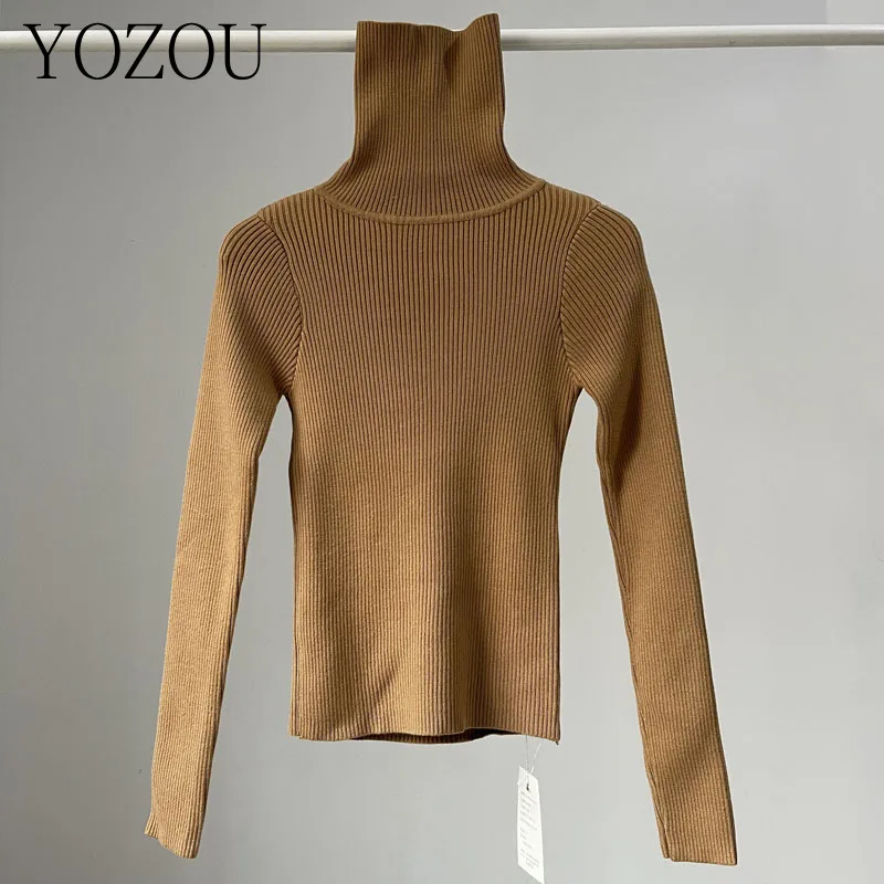 

[YOZOU] Chic Clean Fit Basic Solid Turtleneck Slim Knitwear Short Top Jumper Pullover Women Korean Sweater Black Gray Brown