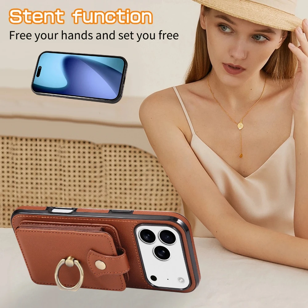 

Простый кожаный чехол для телефона с кольцом для iPhone 17 Pro Max Air 16E 16 Plus 15 Pro 14 13 Mini 12 11 Чехол-кошелек с держателем для карт