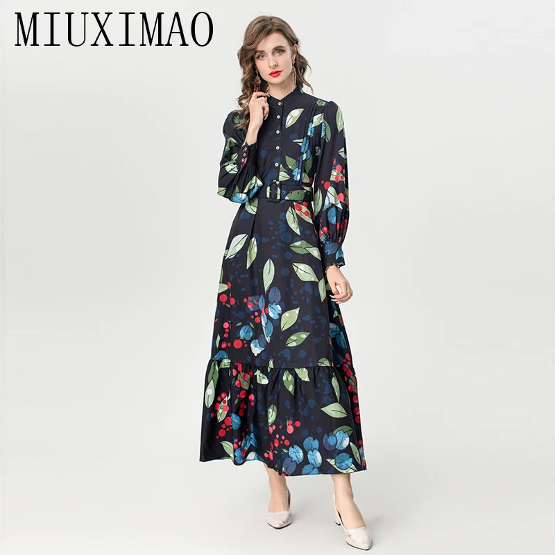 

MIUXIMAO 2024 Fashion Designer Summer Women's Dresses Full Sleeve Floral Leaf Print Elegant Long Dress Women With Belt