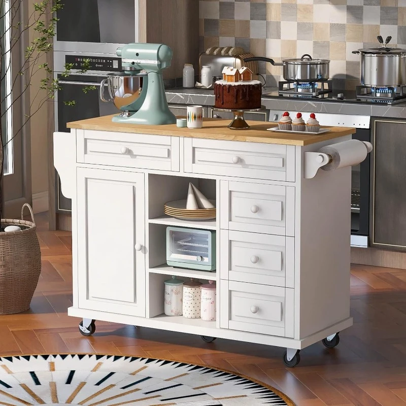 Kitchen Island Cart with Storage, Rolling Kitchen Island with Rubber Wood, Kitchen Island on Wheels with 5 Drawers