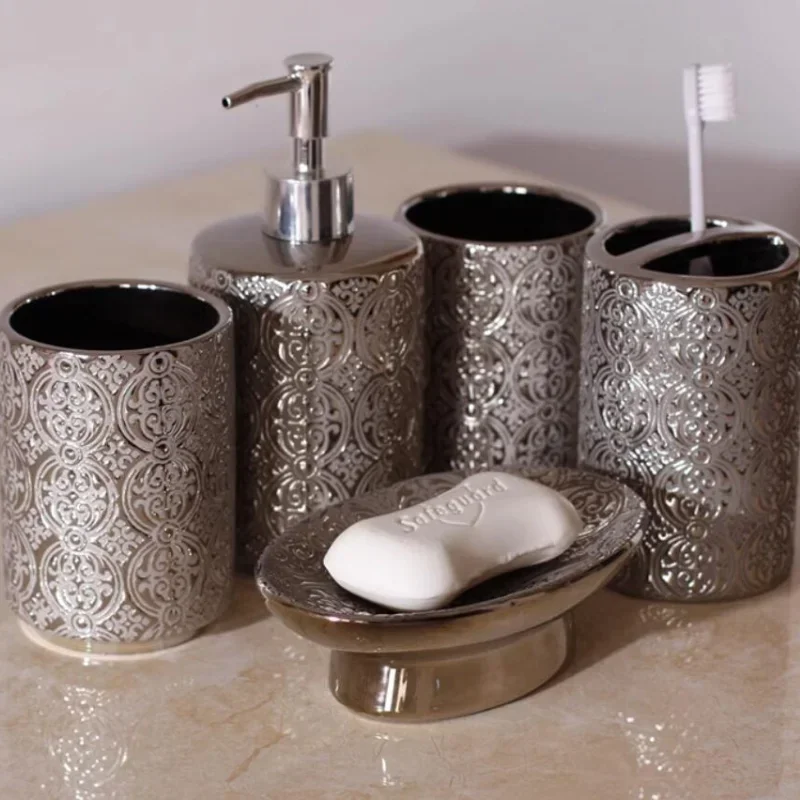 Silver Ceramics Five Piece Set Gifts Soap Bottle Gargle Cup Soap Dish Toothbrush Holder Washing Tools Bathroom Toiletry Set