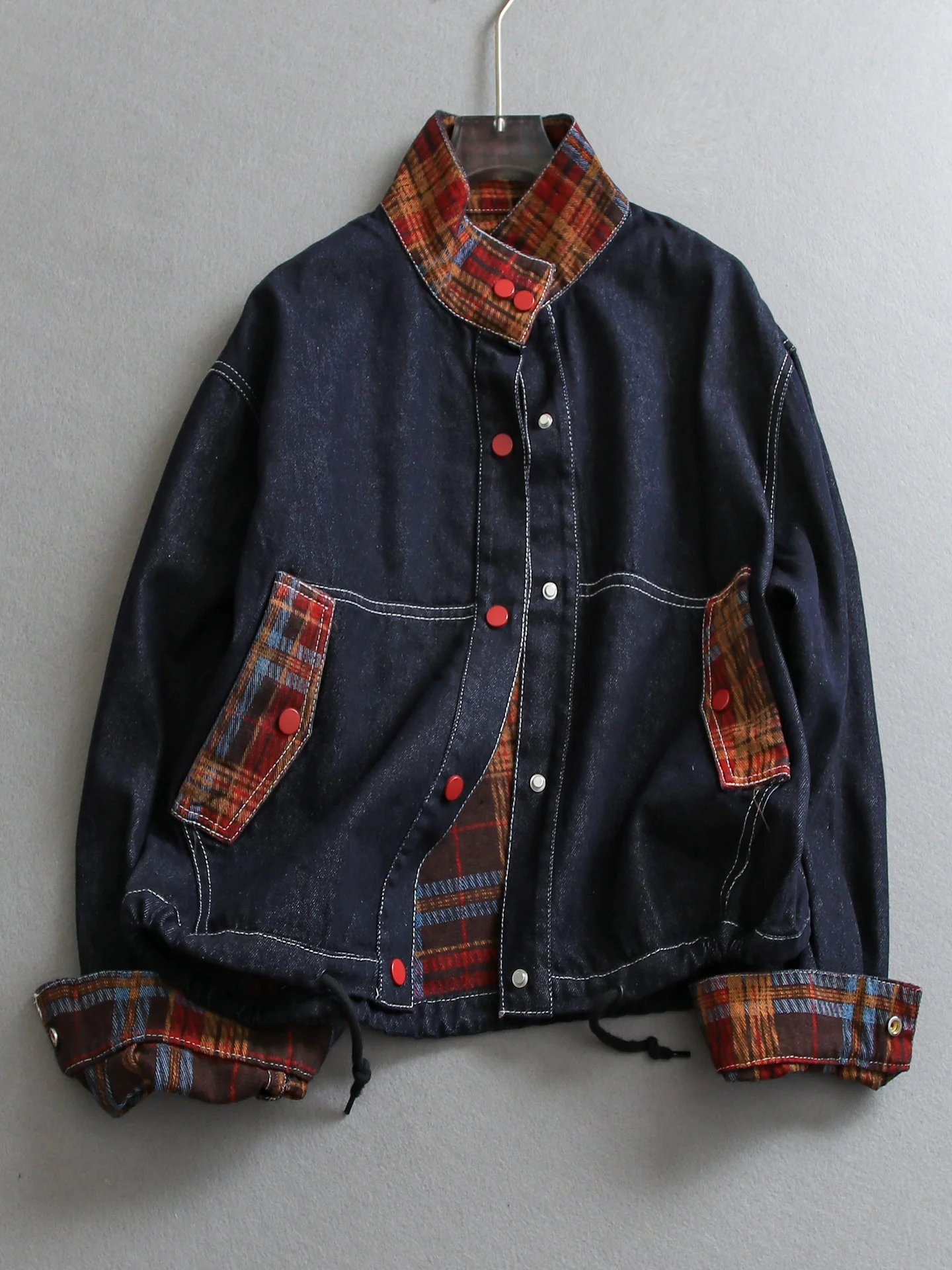 Slimming Plaid Loose Fit Stand Collar Denim Jacket Women's Short Outerwear Spring 2026 Casual Style Korean Version E063