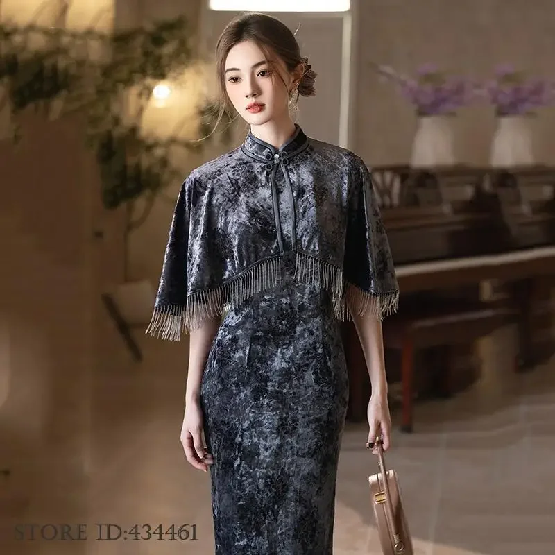 الكلاسيكية الأنيقة التقليدية شيونغسام الخريف الشتاء القطيفة طويلة تشيباو شال مجموعة فستان الحفلات المسائية مثير سبليت فساتين الصينية