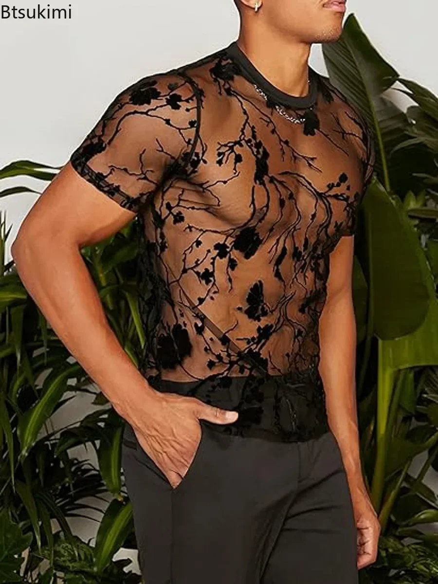 

2025 Men's See-Through Sexy Short-Sleeve T-Shirts Trend Personalized Costumes Floral Breathable Mesh Thin Tops Male Streetwear