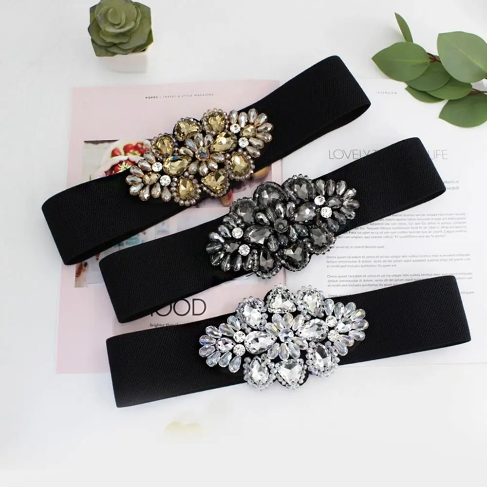 Fashion Flower Elastic Cummerbunds Korean Style Strap Belt Women Waistband Wide Black Rhinestone Waist Belt Sweater