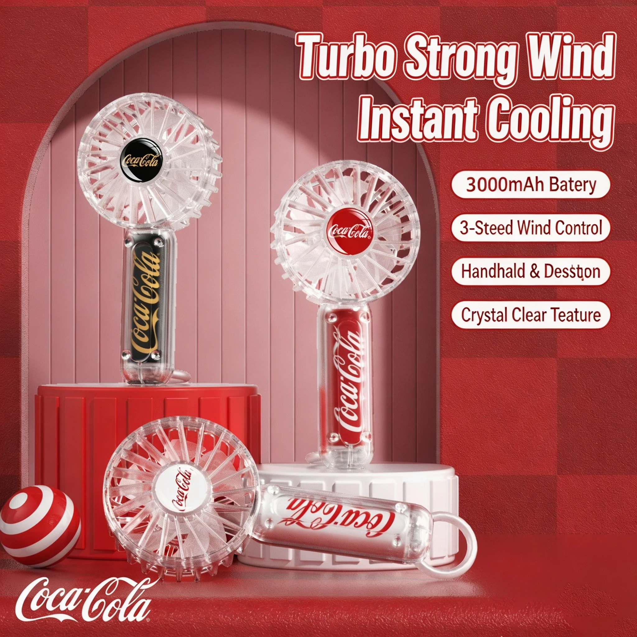 CocaCola Portable USB Fan Cute Cartoon Design, Long Battery Life, Powerful Airflow Ideal for Outdoor Use Back To School Gift