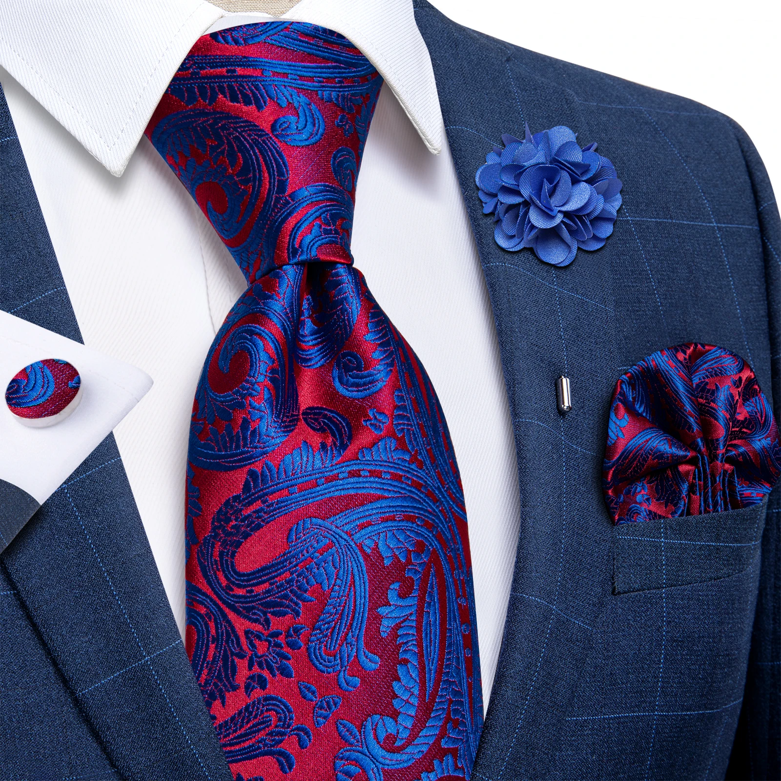 New Classic Green Blue Paisley Ties For Men Handkerchief Cufflinks Brooch Pin Wedding Accessories Men Gift Dropship