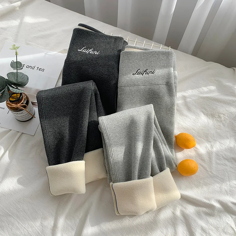Leggings de lana ajustados de cintura alta bordados para mujer, mallas de terciopelo grueso de invierno para mujer, pantalones de algodón cálidos de color gris sólido