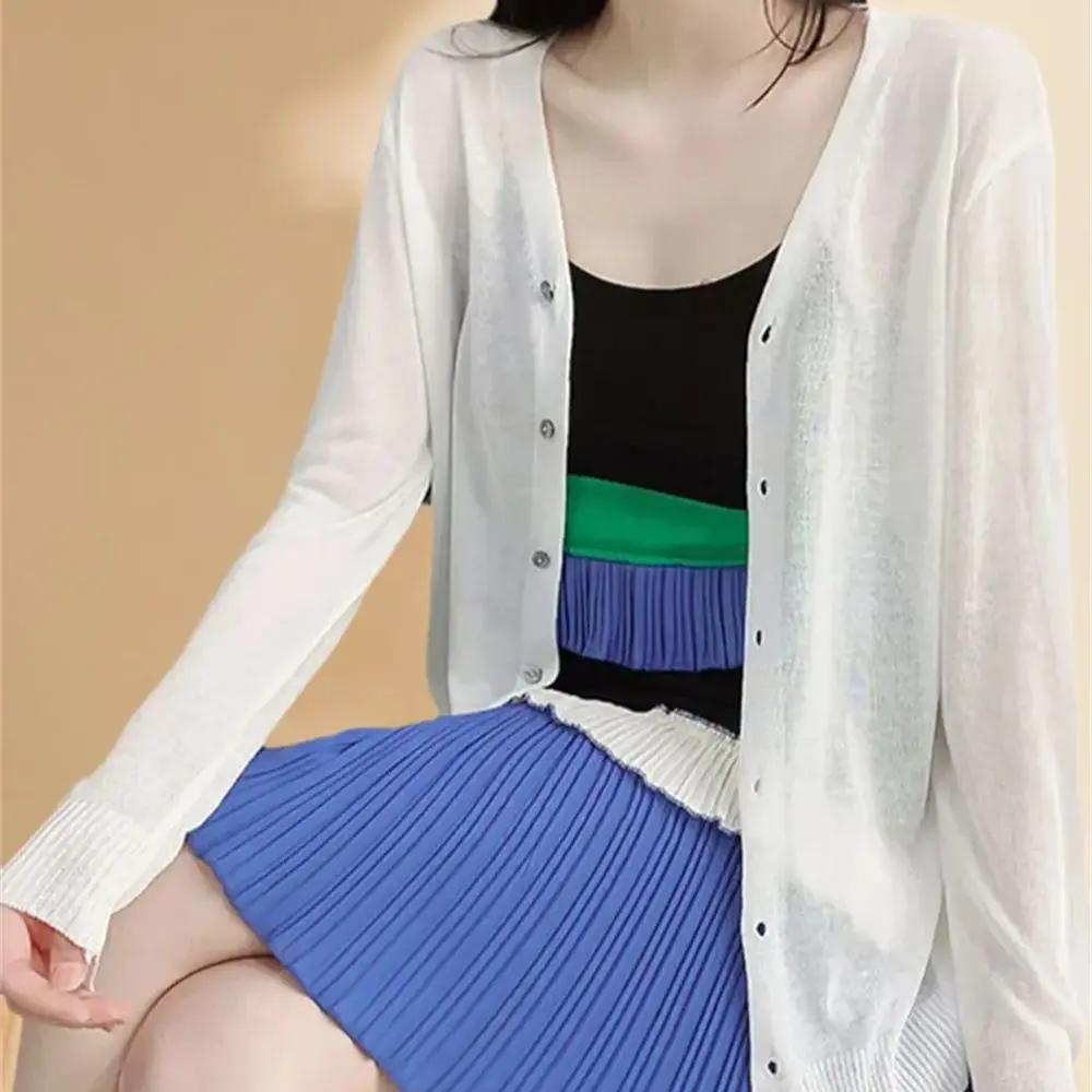 Spring Summer Comfortable Casual Blouses white knitted cardigan 2024 Women's Clothing Solid V-neck Elegant Fashion Button Loose