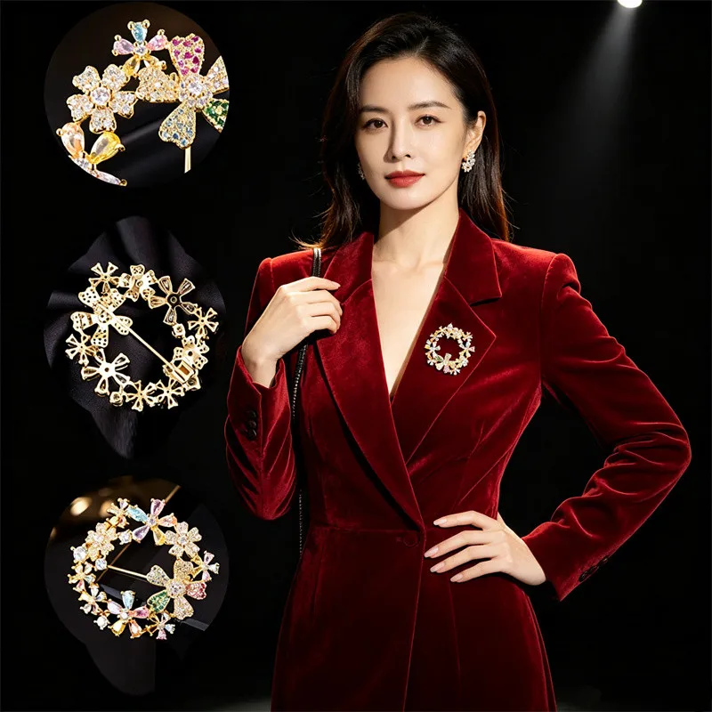 Elegant Women Wreath Flower Brooch Multi Color Zircon Full Paved Rhinestone Pin for Suit Coat Brooches Party Wedding Daily Decor
